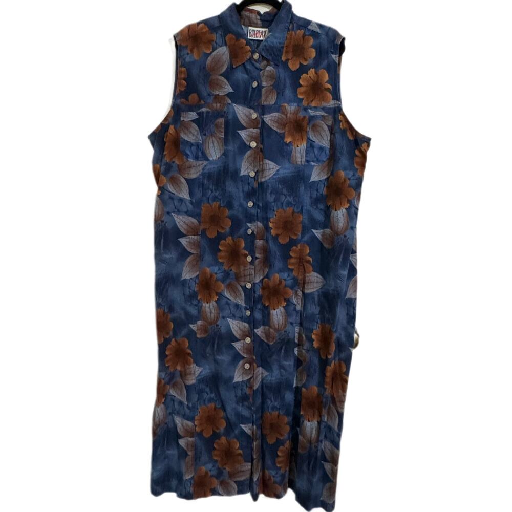 Vintage Bill Blass Linen Blend Floral Button Down Jumper Overall Dress Blue 2X